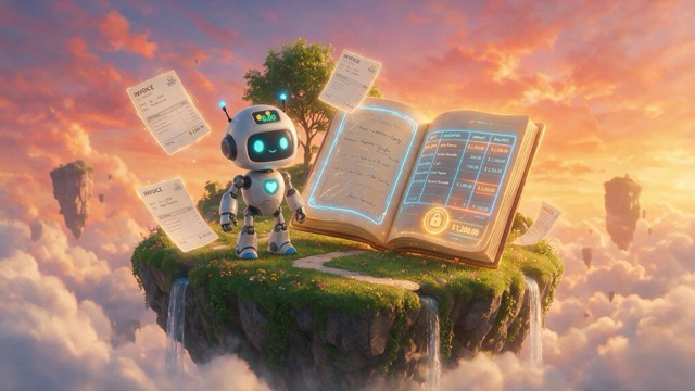 Ein kleiner Roboter steht neben einem leuchtenden Buchhaltungsbuch mit schwebenden Rechnungsbelegen auf einer schwebenden Klippe vor einem Wolkenhimmel in der goldenen Stunde.