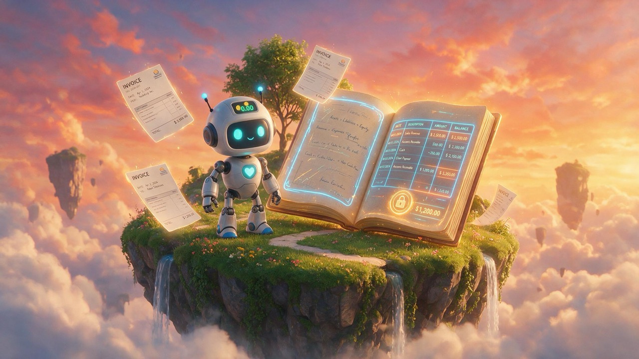 Ein kleiner Roboter steht neben einem leuchtenden Buchhaltungsbuch mit schwebenden Rechnungsbelegen auf einer schwebenden Klippe vor einem Wolkenhimmel in der goldenen Stunde.